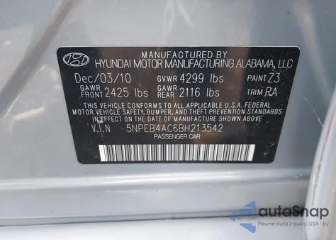 2011 Hyundai Sonata Gls from USA, damaged, VIN 5NPEB4AC6BH213542